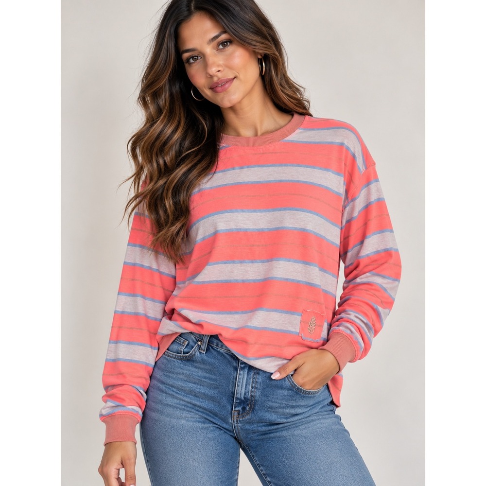 FP Movement Overized Striped Long Sleeve Tee Coral Blue Size M